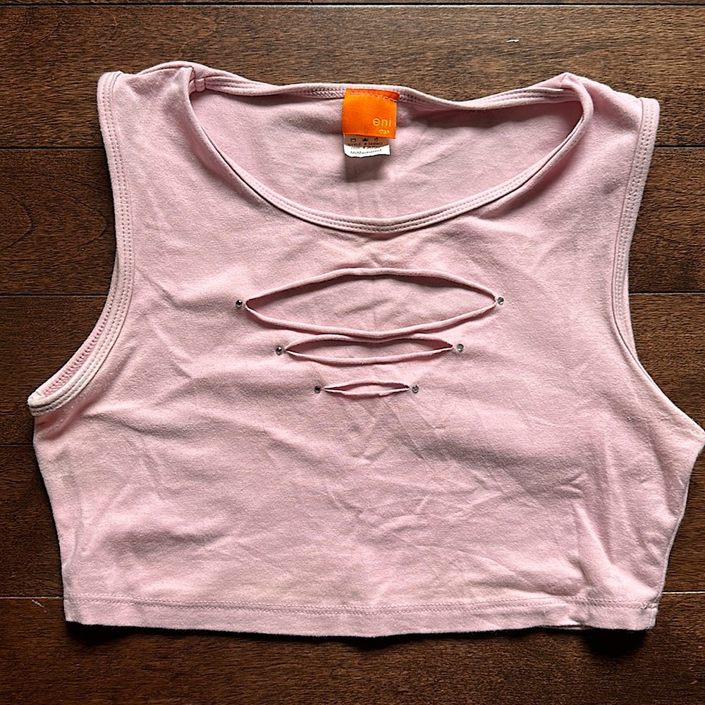 Y2K Vintage Sexy Crop Slit Bust Top, Pink w/ Crystal Accents